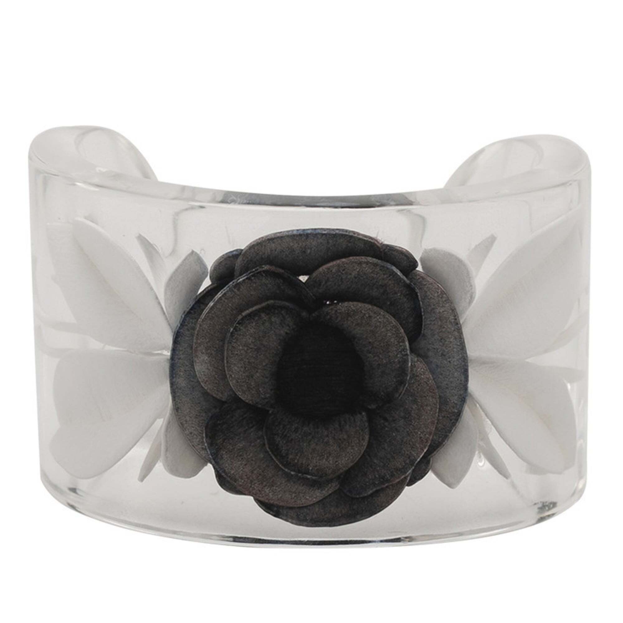 Chanel Camellia Bangle Clear White Black Plastic Womens 697$